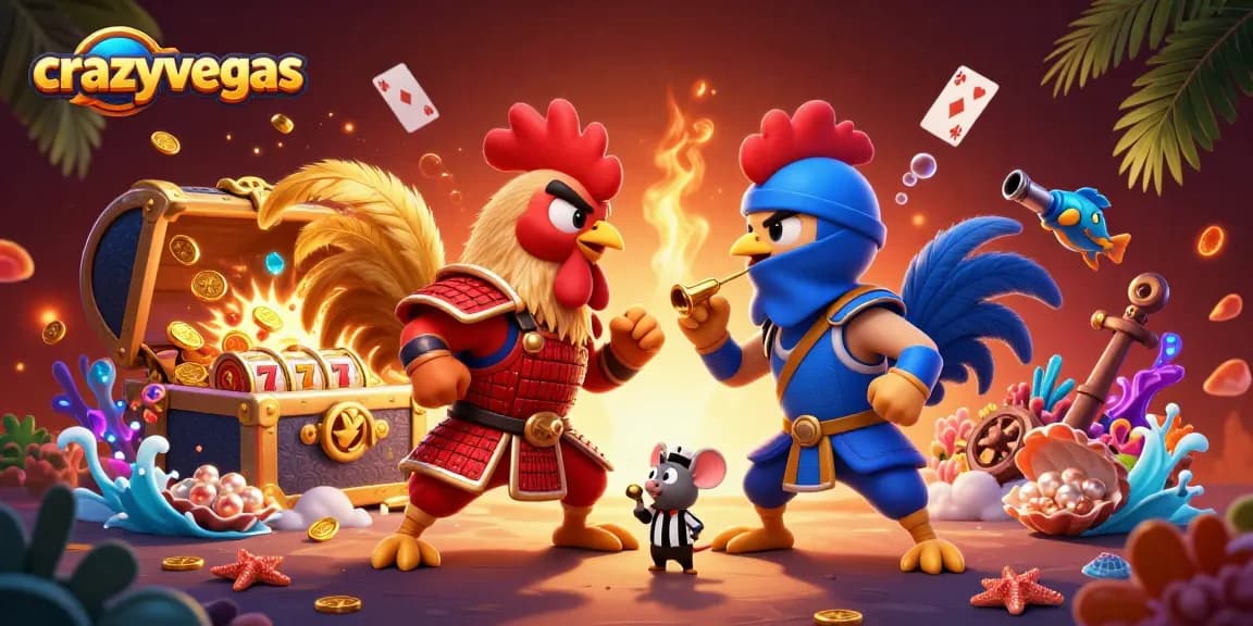 Experience thrilling action with crazyvegas as cartoon roosters face off amidst slot reels and treasure.
