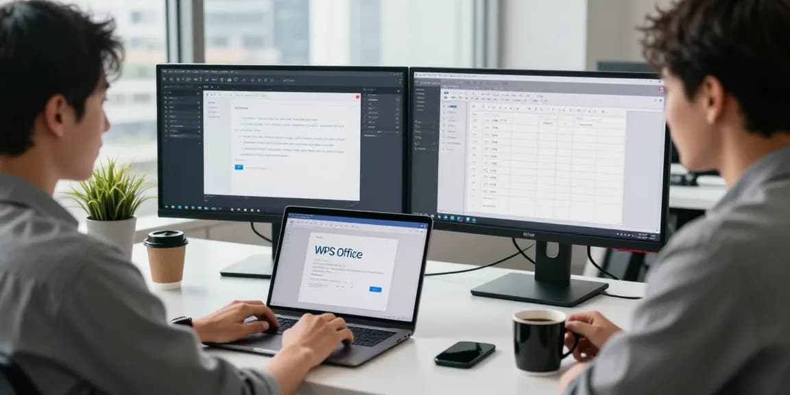 Download WPS Office showcased in a modern workspace setup with dual monitors and productive atmosphere.