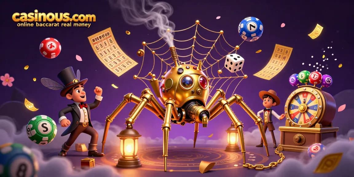 Experience casinous.com online baccarat real money through a dynamic steampunk casino illustration.