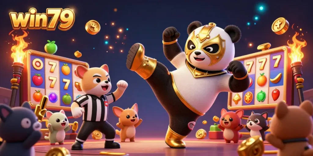 Engage in thrilling gameplay at win79 with dynamic casino action featuring a panda wrestler and excited spectators.