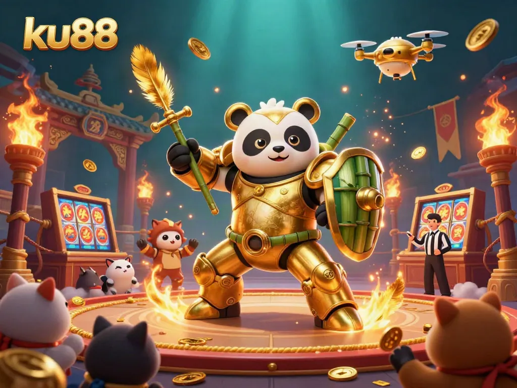 Engage with the thrilling universe of ku88 as a golden panda piloting a robot battles amidst dynamic casino action.