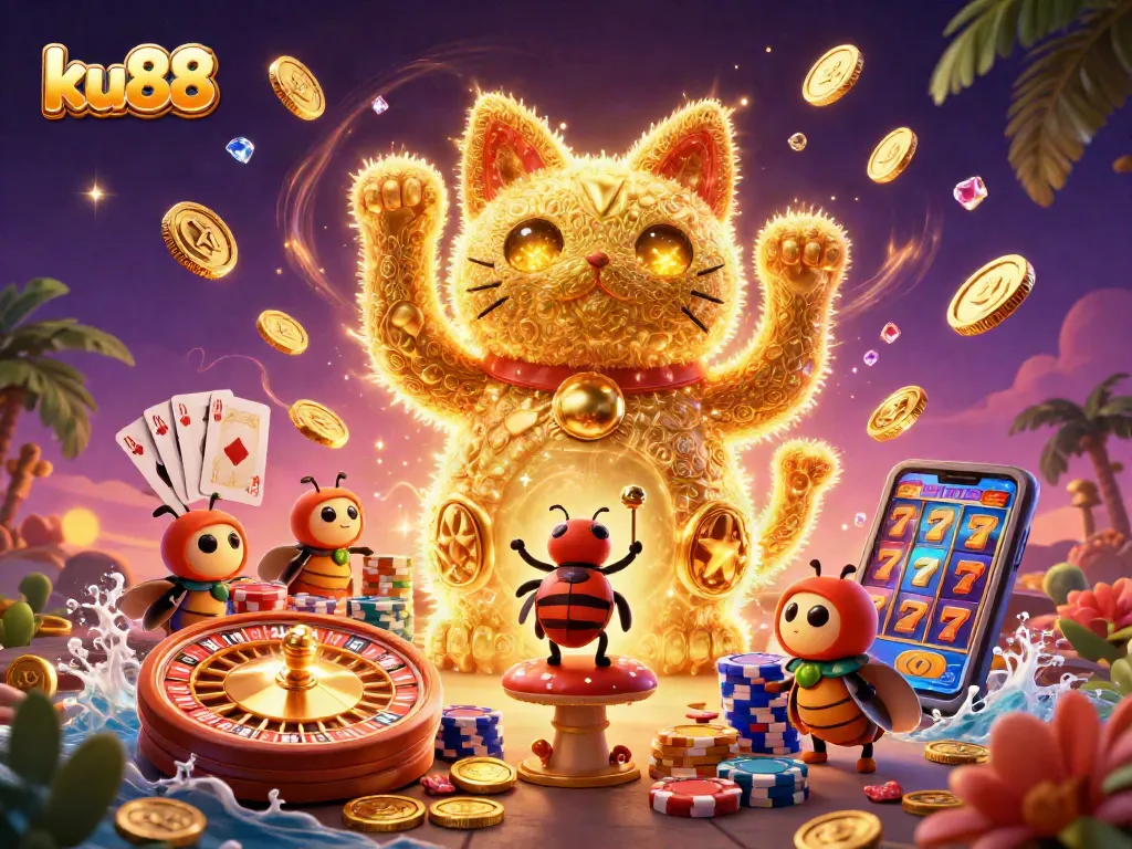Engage with ku88's vibrant game world featuring a golden lucky cat and exciting casino symbols.