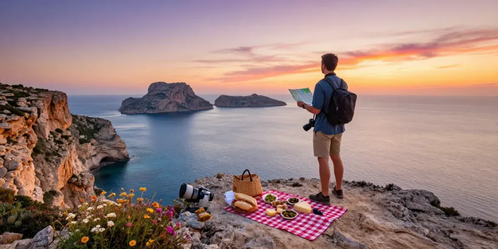 Traveler enjoying Gozo tours at sunset, overlooking the coast with a picnic setup and vibrant colors.
