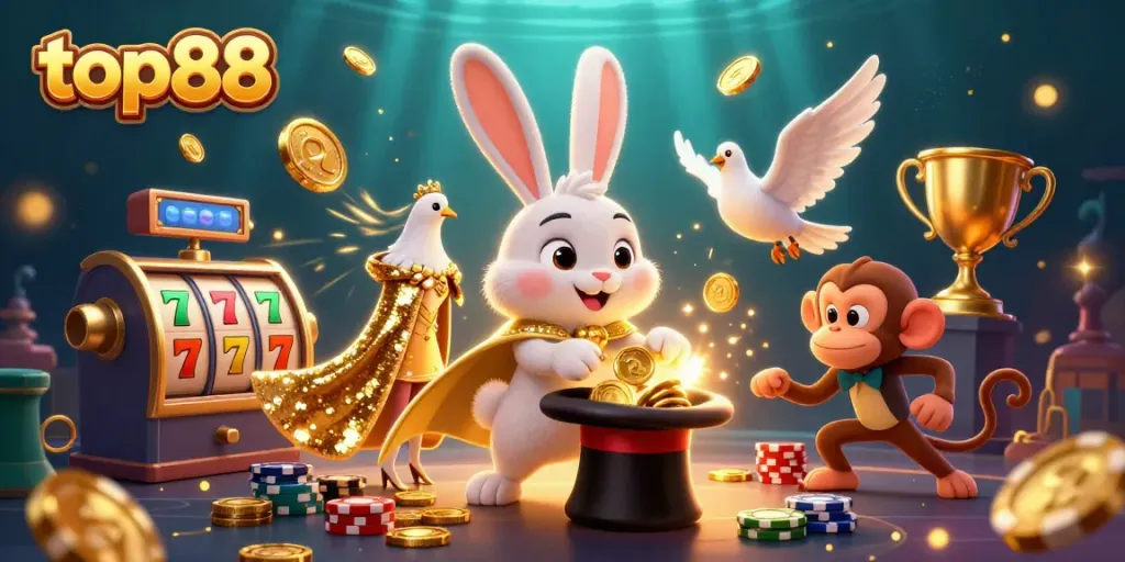 Experience the top88 excitement with a vibrant casino scene featuring a magician rabbit and treasures.
