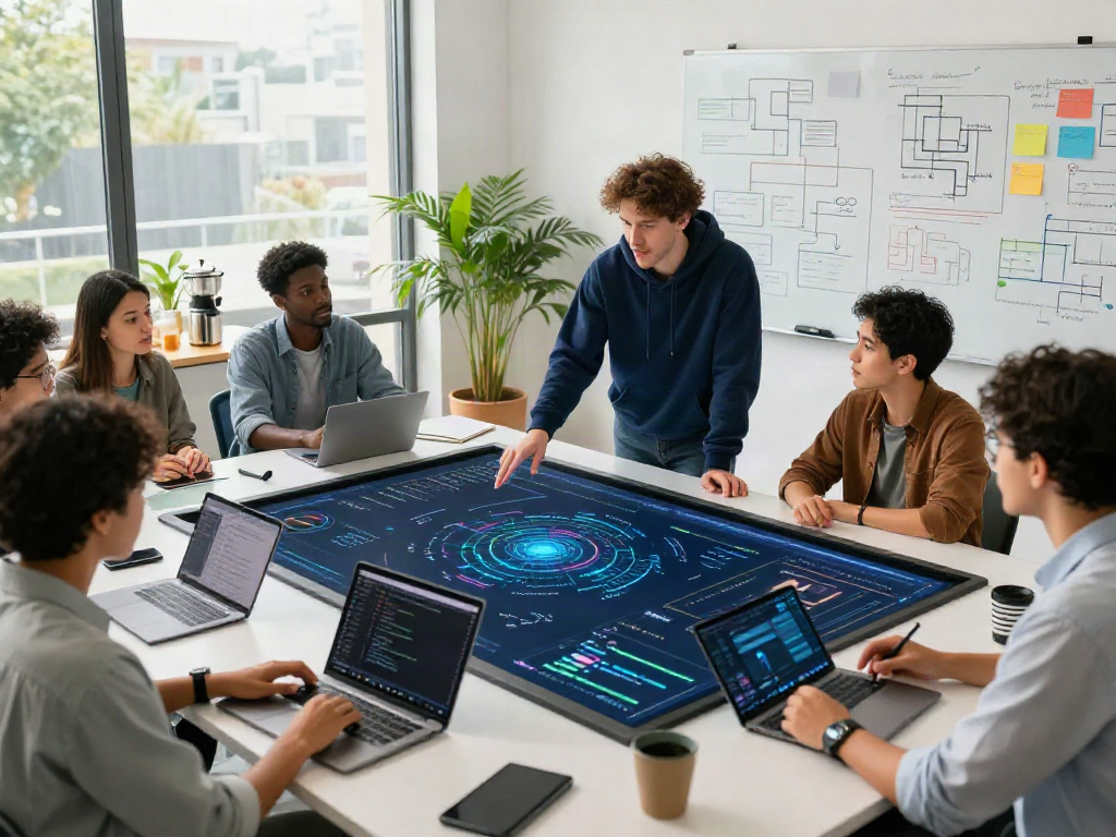 Dynamic team collaborating on crush ai software solutions in a modern workspace