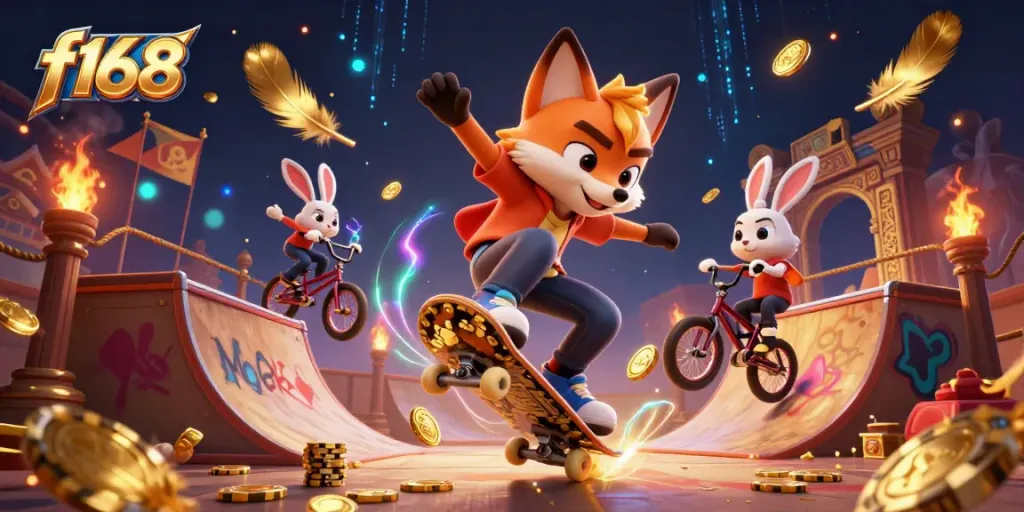 Engage in thrilling gameplay with f168 as a skateboarder fox soars over golden poker chips.