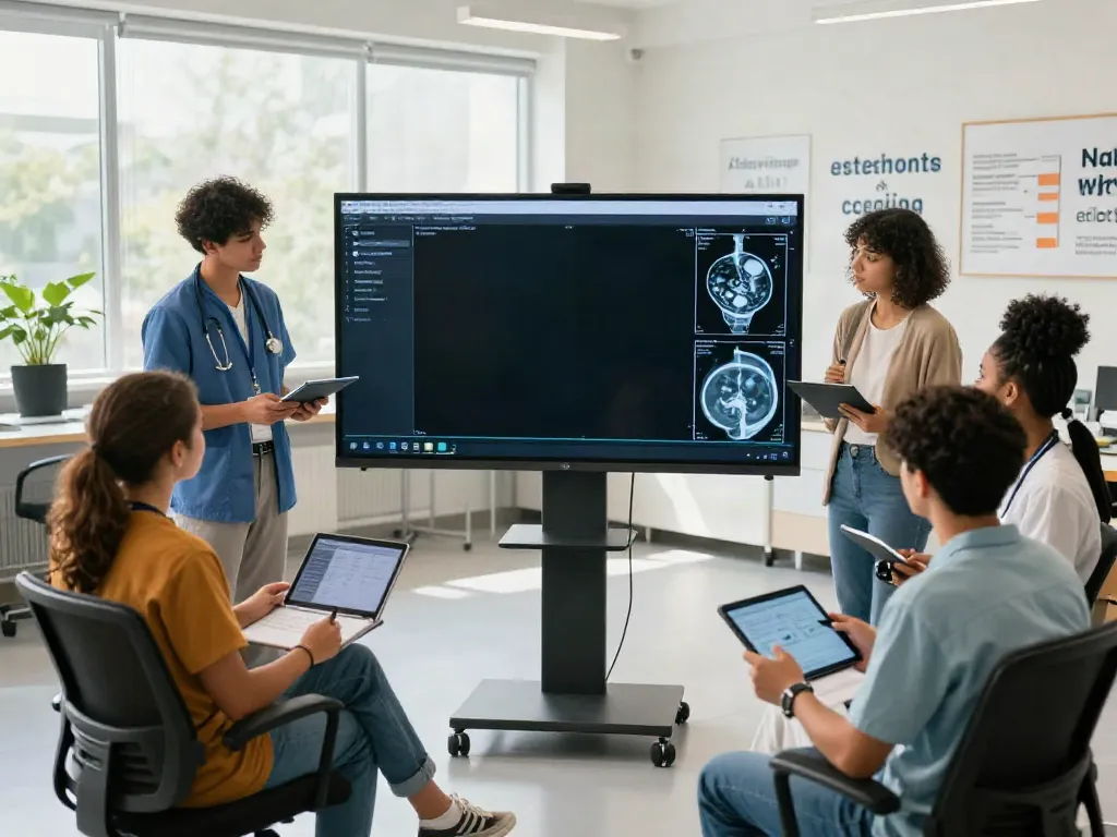 Students exploring rokok88 content on CT scans, X-rays, and MRIs in a modern classroom.
