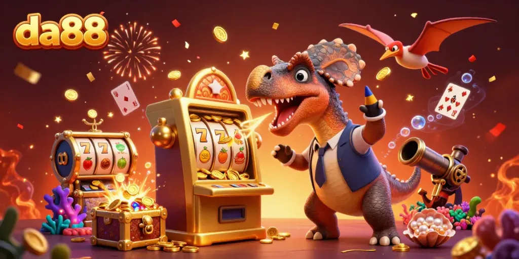 Spin to win at da88 with a pachycephalosaurus and a golden slot machine, capturing jackpot excitement.