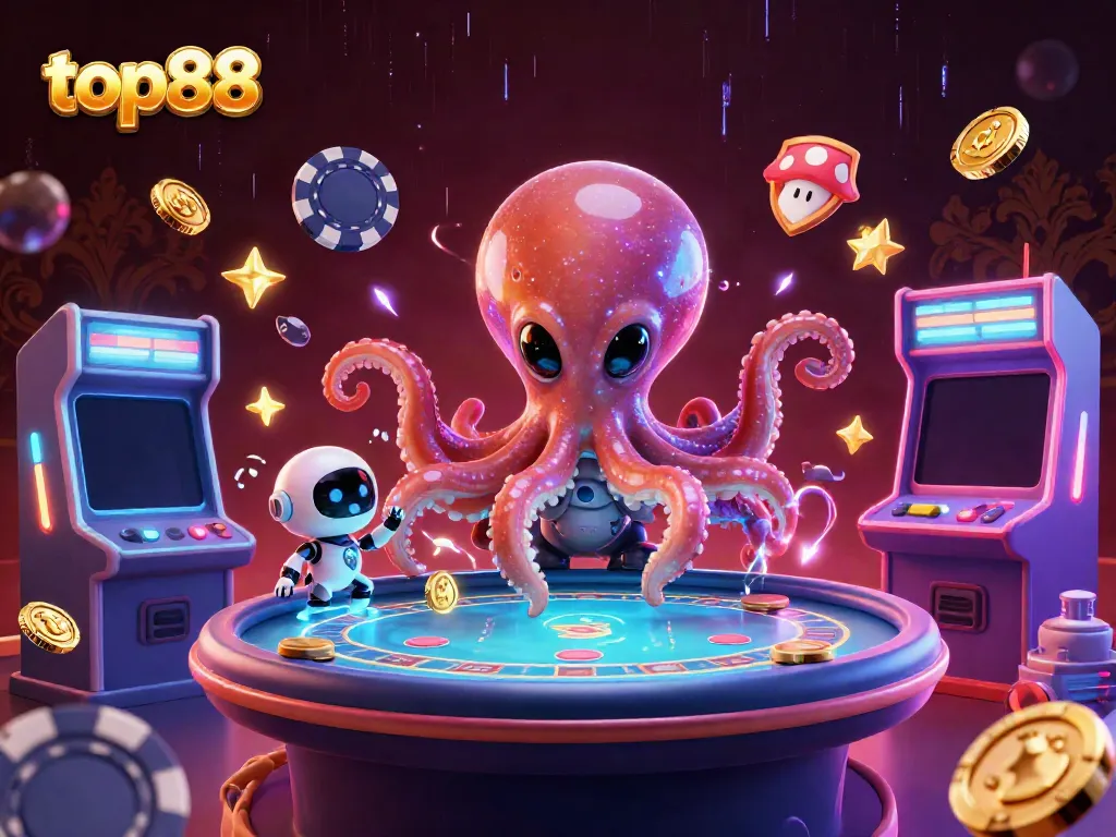 Engage in thrilling gameplay with top88, featuring an alien octopus at a holographic poker table.