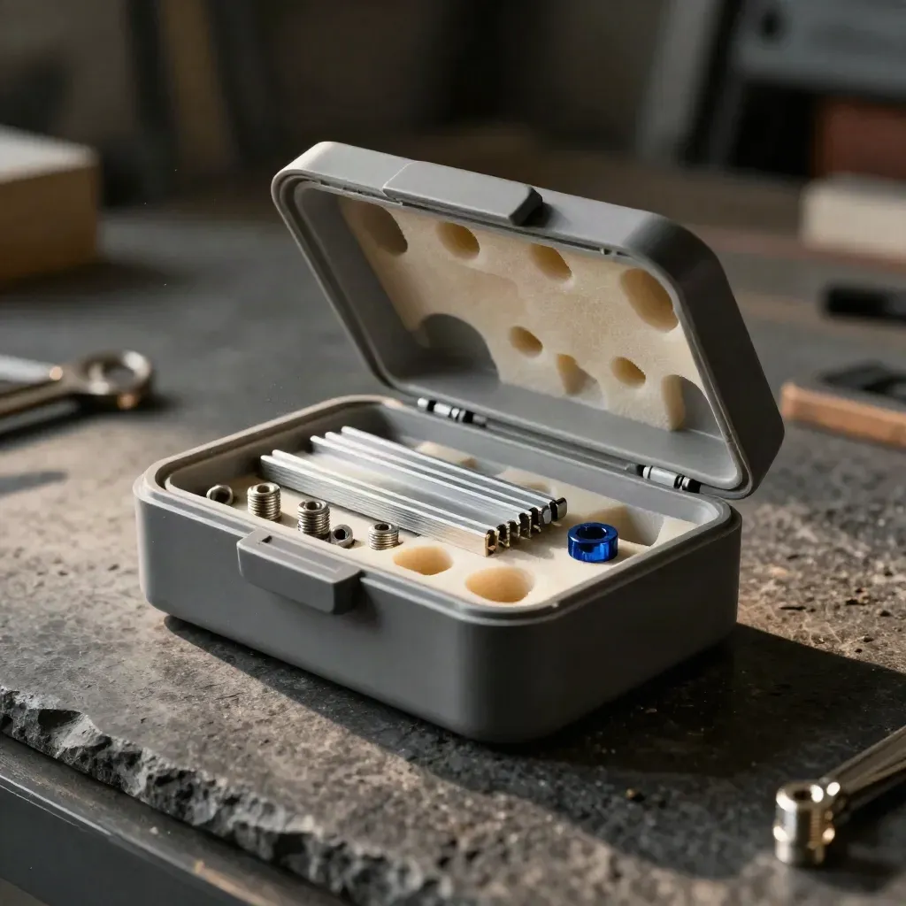 Prototype enclosure and spacer chips on dark stone in dramatic workshop light.
