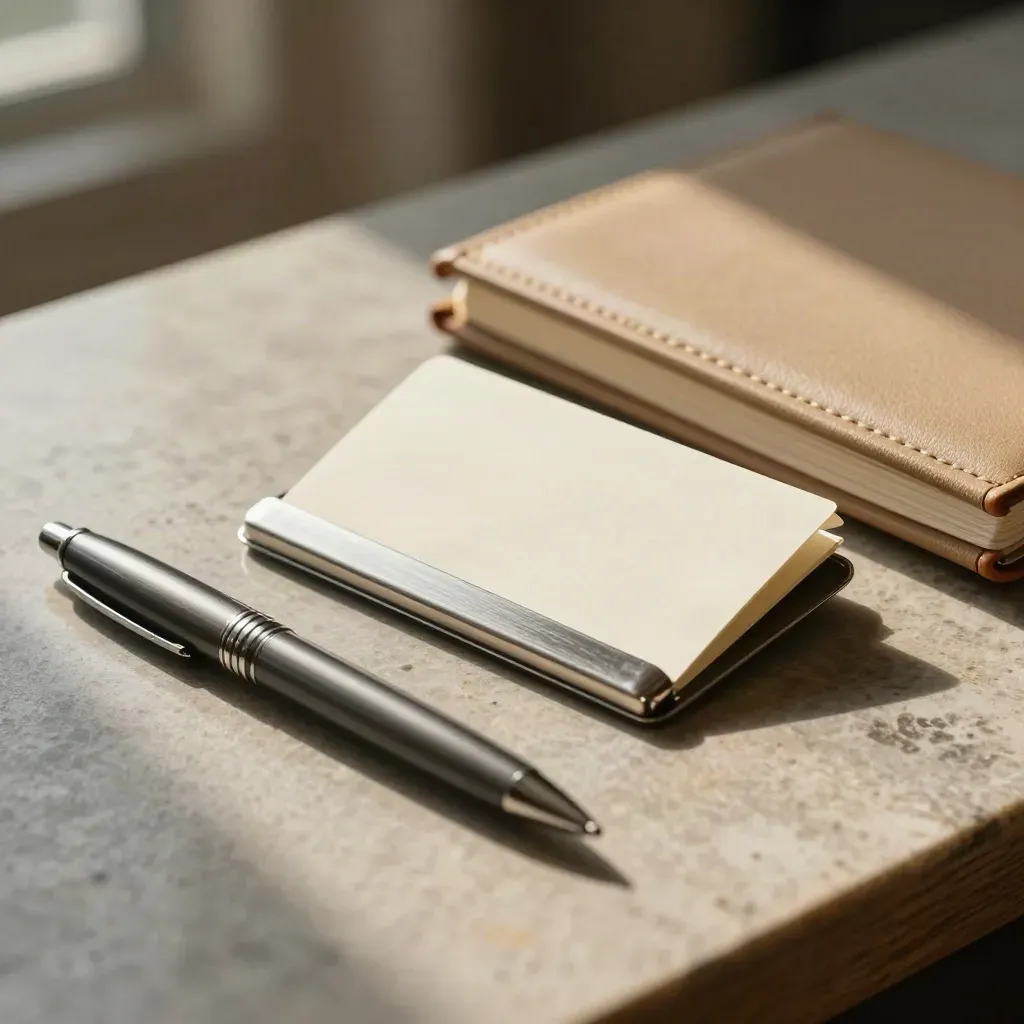 Graphite pen, blank card holder and closed planner on limestone with warm office light.