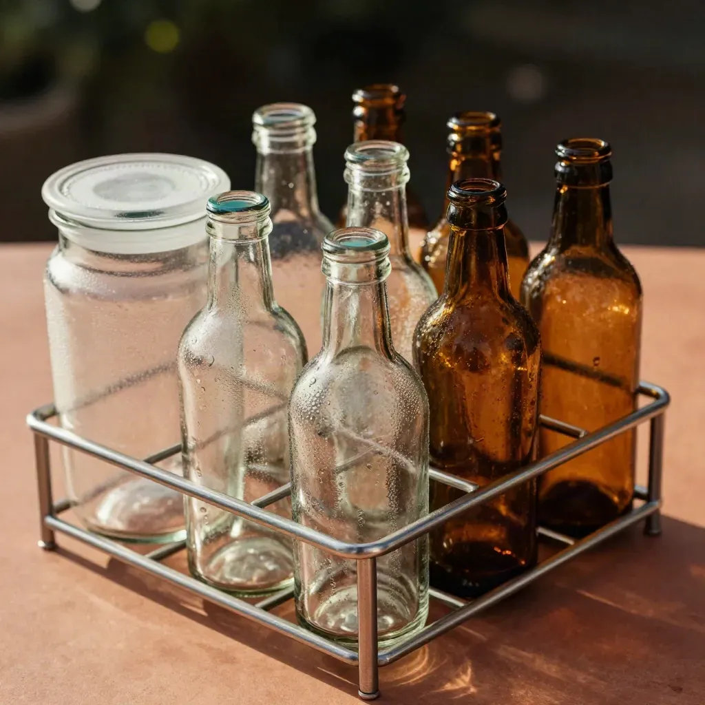 Glass media bottles, specimen jar, and stainless rack on terracotta surface with cool mist.