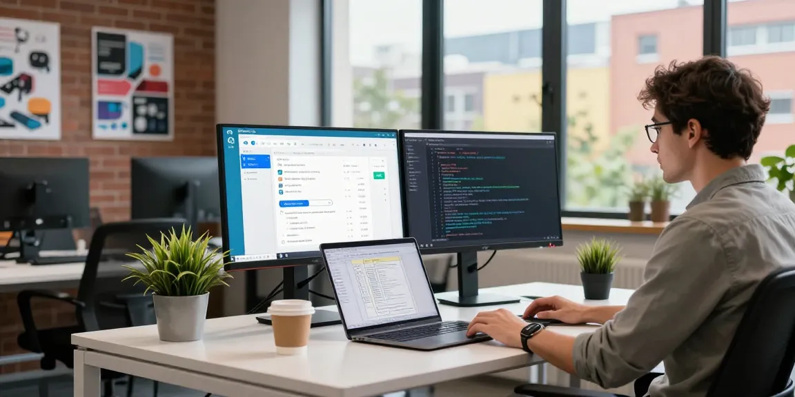 Efficient tech workspace for Telegram Download, showcasing dual monitors and a developer at a standing desk