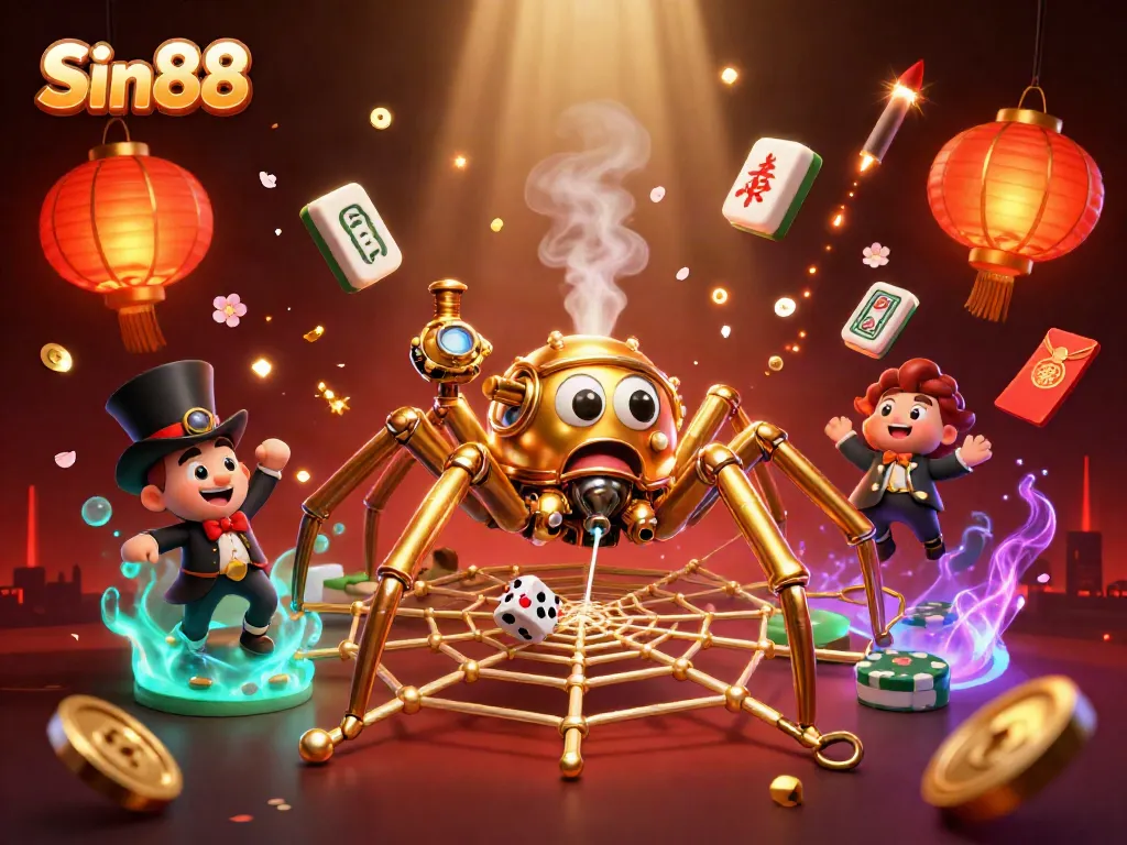 Sin88 engages players with a vibrant 3D illustration featuring a steampunk spider and golden gaming elements.