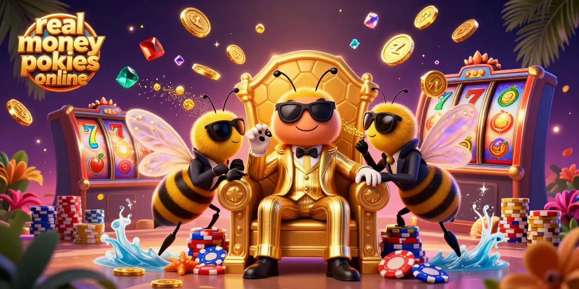 Win big with real money pokies online in this vibrant 3D illustration featuring exciting casino elements.