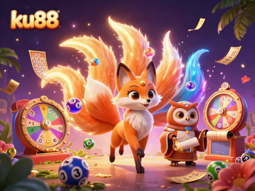 Engage with the vibrant world of ku88 as a nine-tailed fox and owl celebrate with dynamic gaming elements.