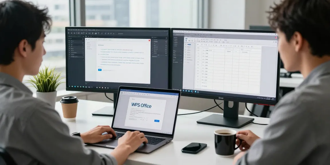 Download WPS Office showcased in a modern workspace setup with dual monitors and productive atmosphere.