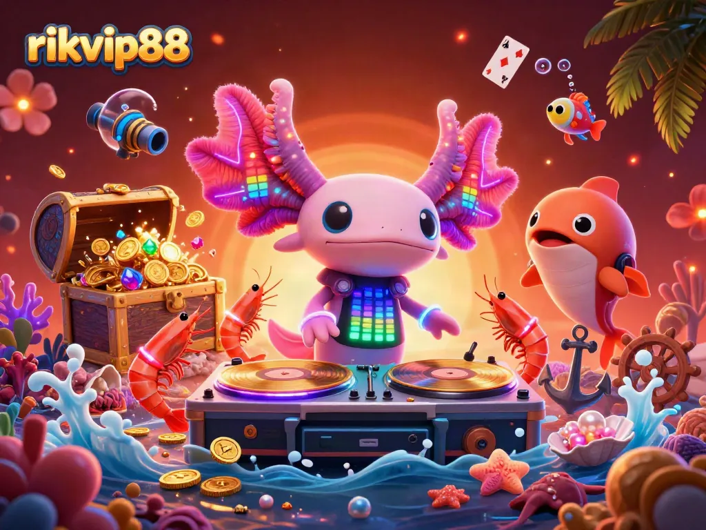 Experience the vibrant energy of rikvip88 with a neon-themed underwater casino scene featuring a DJ axolotl and dynamic marine characters.