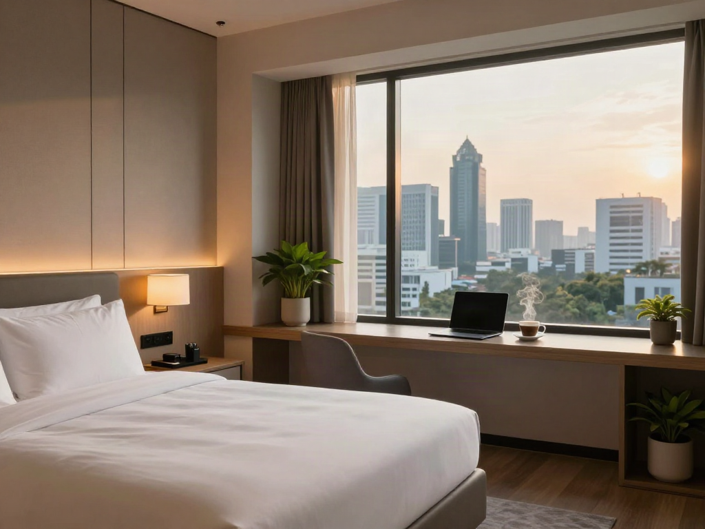 rokok88 slot login - Comfortable and modern hotel room at ROKOK88 in Jakarta with city skyline view.