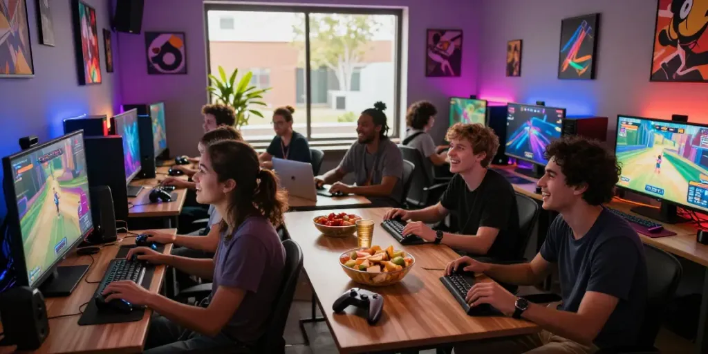 Friends at a gaming lounge discussing rokok88 room simulator patterns.