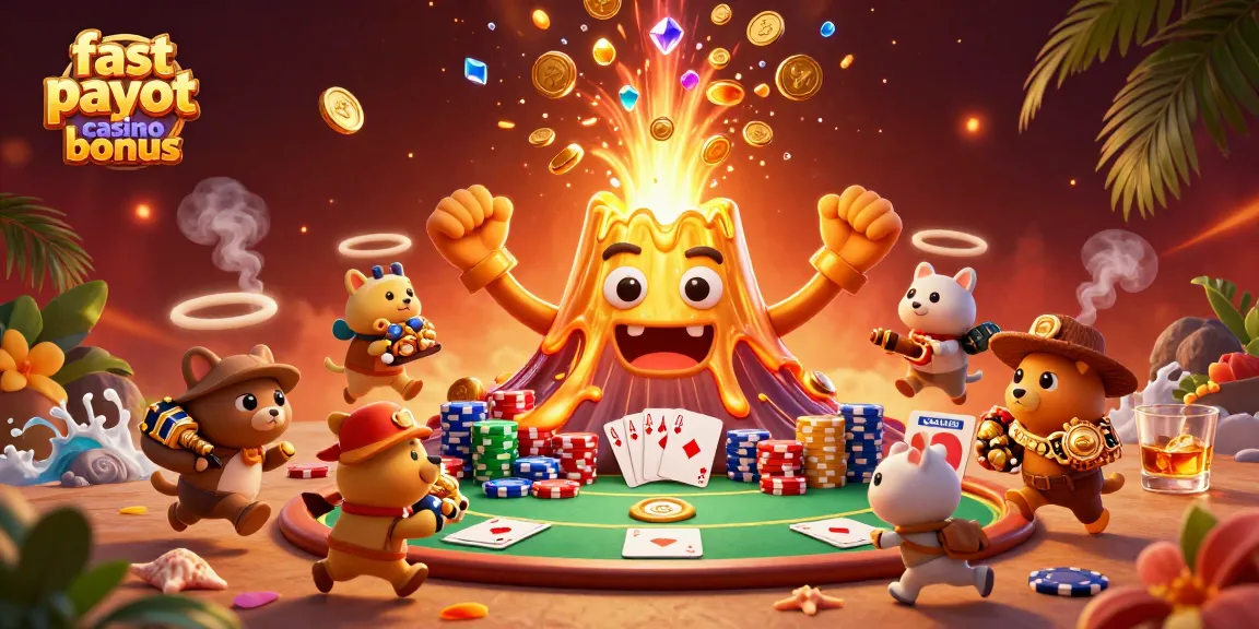 Experience the thrills of fast payout casino bonuses amidst a vibrant 3D volcanic scene with gold and treasure.